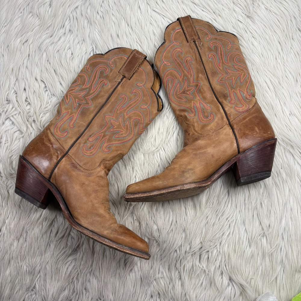 Justin Women's 10 Brown Bent Rail Snip Toe Cowboy Boots Embroidered‎ Western
